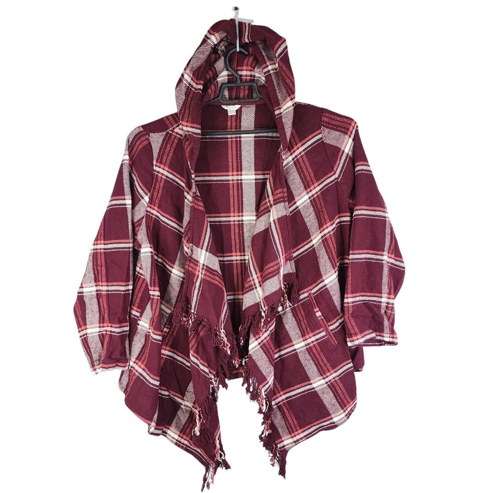 Womens Cato Burgundy White Plaid Hooded Fringe Cardigan Jacket Size 18/20W